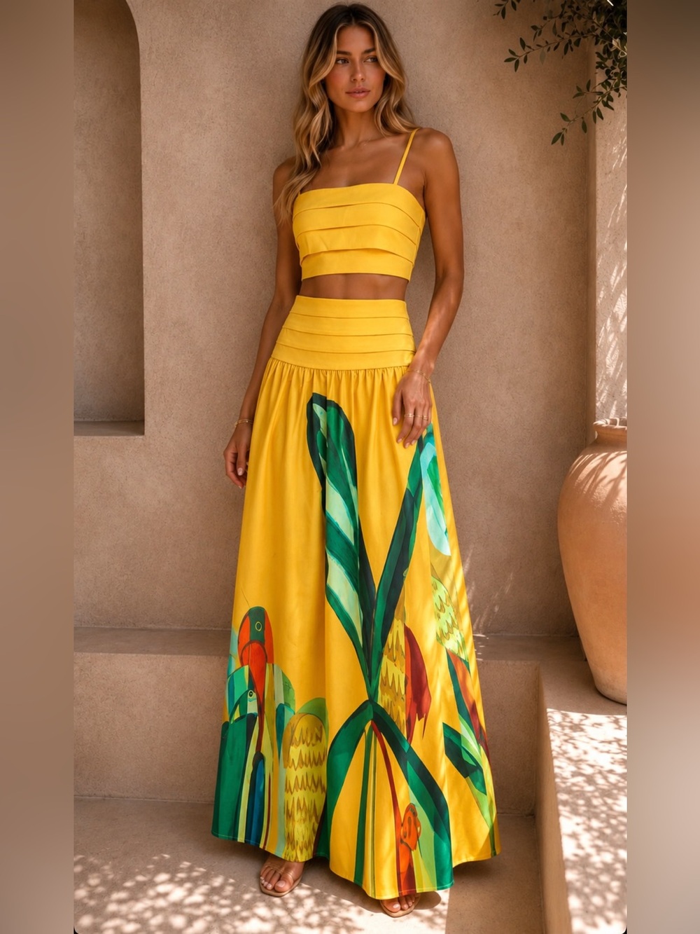 NWT Luxxel Yellow Maxi Skirt Set with Tropical Parrot Print | Resort Wear